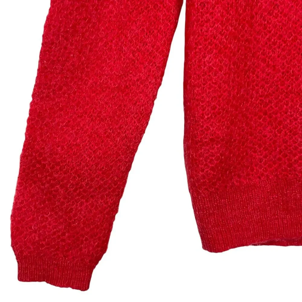 The Kooples Red Mohair Open Knit Back Zip Sweater Size Large Sheer EUC
